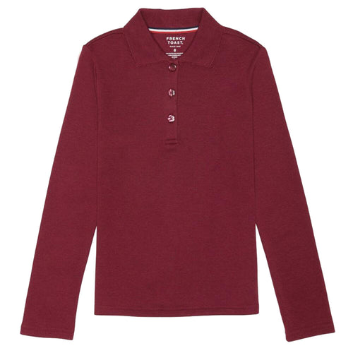 Long Sleeve Knit Polo With Picot Collar - Girls - Burgundy