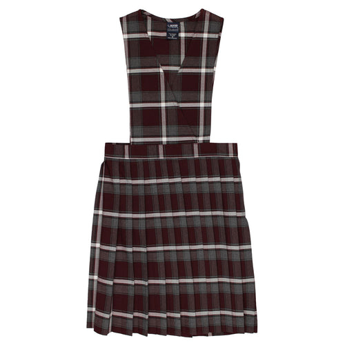 V-Neck Pleated Plaid Jumper - Girls - Burgundy