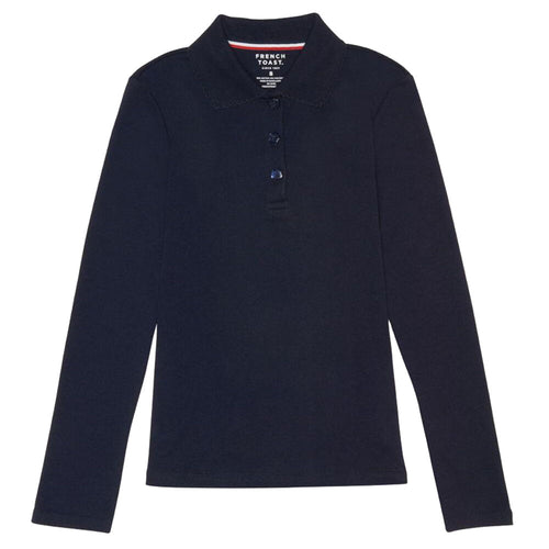 Long Sleeve Knit Polo With Picot Collar - Girls - Navy