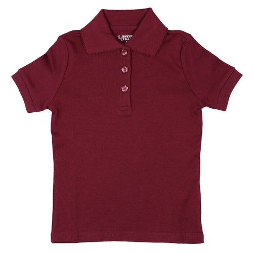Short Sleeve Knit Polo With Picot Collar - Girls - Burgundy